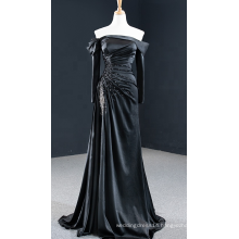 Jancember RSM67153 Elegent Off Shoulder Black Satin Lady Dress Evening